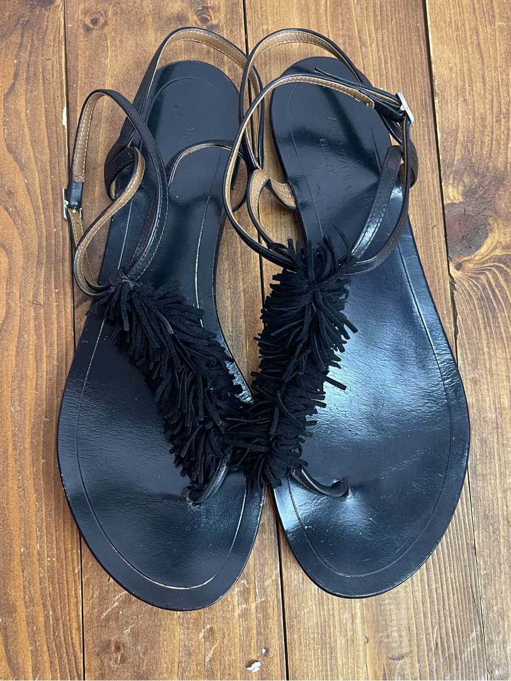 Aquazzura size 38 wild thing black fringe sandals